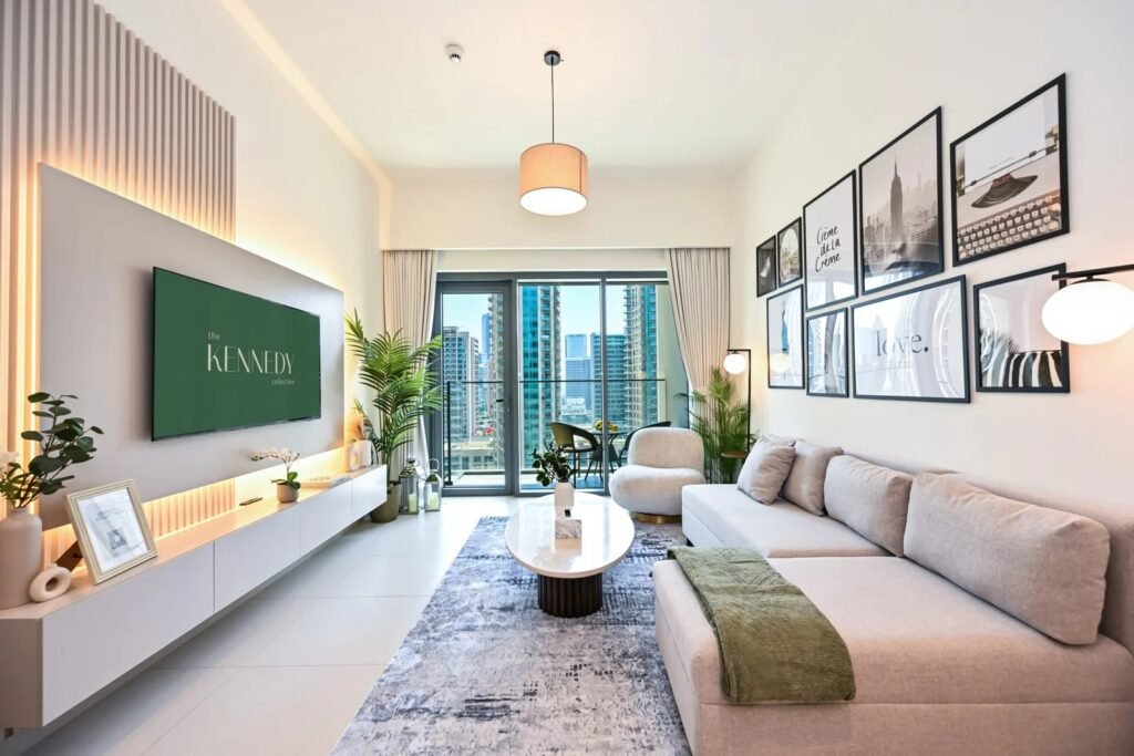 Professional real estate photography in Dubai showcasing a modern luxury apartment living room