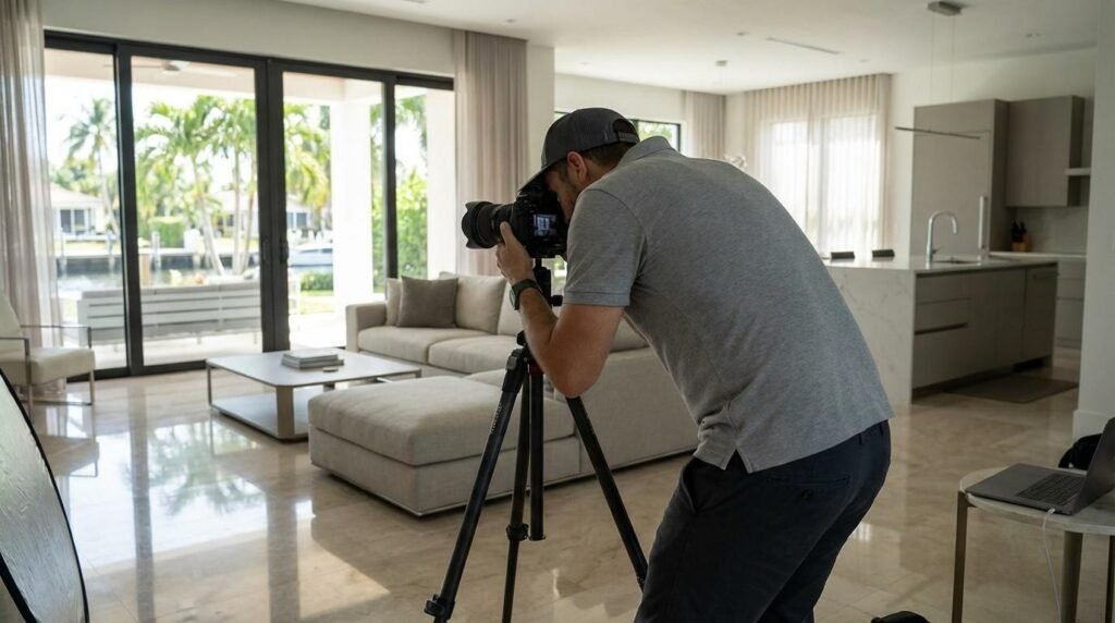 Real estate photographer capturing professional property photos inside a modern Dubai home