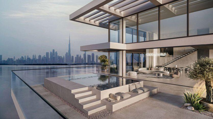 Real estate photography Dubai showcasing a luxury villa with infinity pool and Burj Khalifa skyline view
