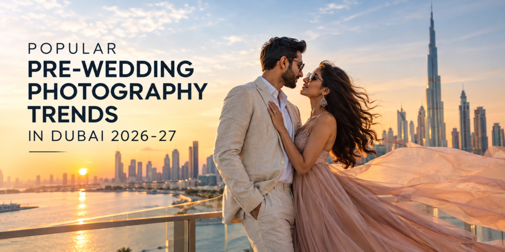 Popular pre-wedding photography trends in Dubai 2026-27 featuring a couple with the Dubai skyline at sunset
