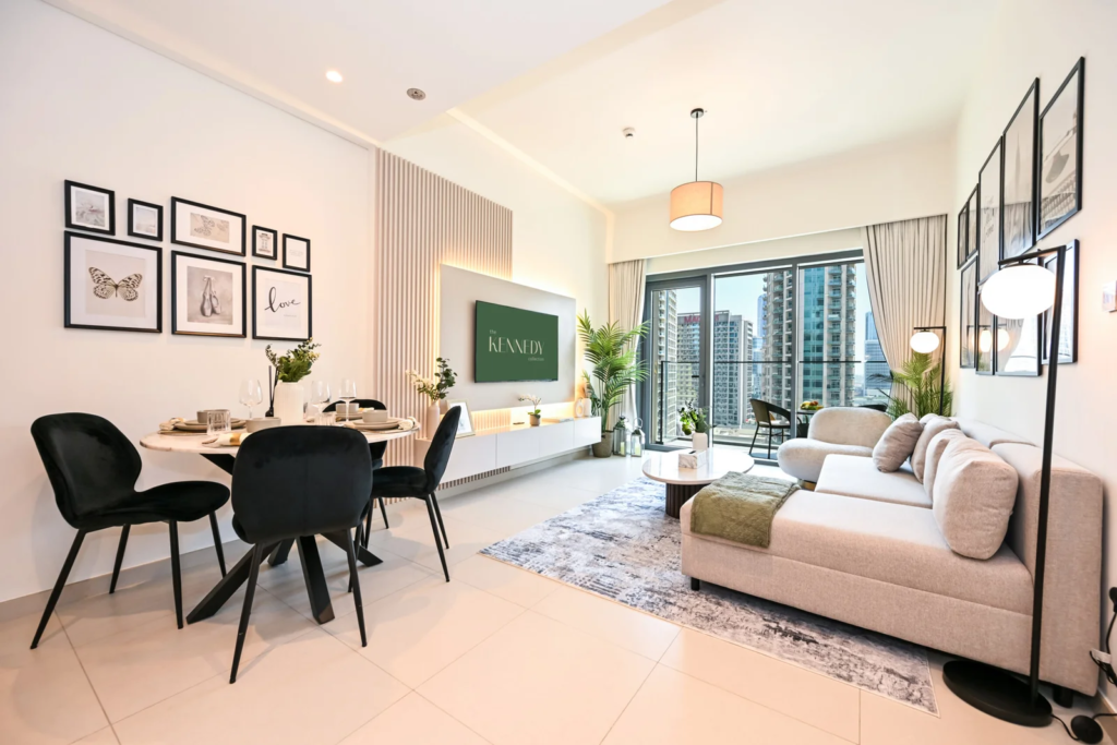Professional real estate photography of a modern Dubai apartment interior
